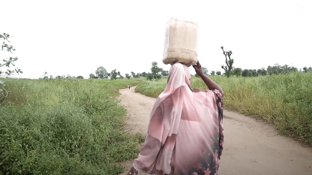 The image shows a woman walking along a dirt path in a rural area, carrying a large container on her head. She is wearing a flowing pink dress and headscarf, and the landscape around her is lush and green with tall grass and scattered trees. The path winds into the distance, giving a sense of the long journey she might be on. The scene reflects the everyday challenges faced by women in remote areas, who often carry heavy loads for long distances.