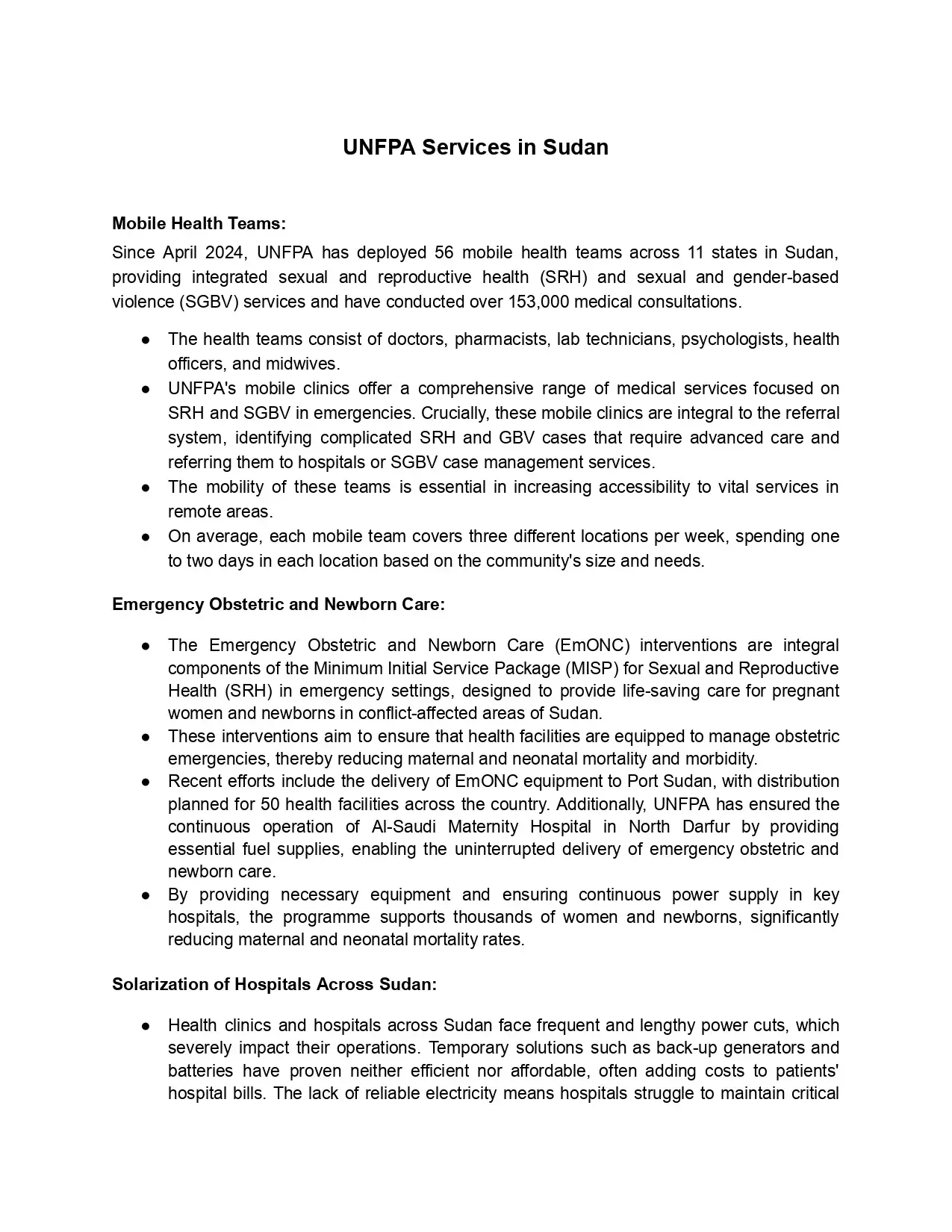 UNFPA Services in Sudan