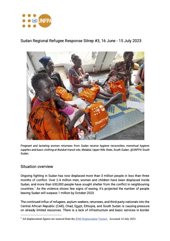 UNFPA Sudan Regional Refugee Response Situation Report #3